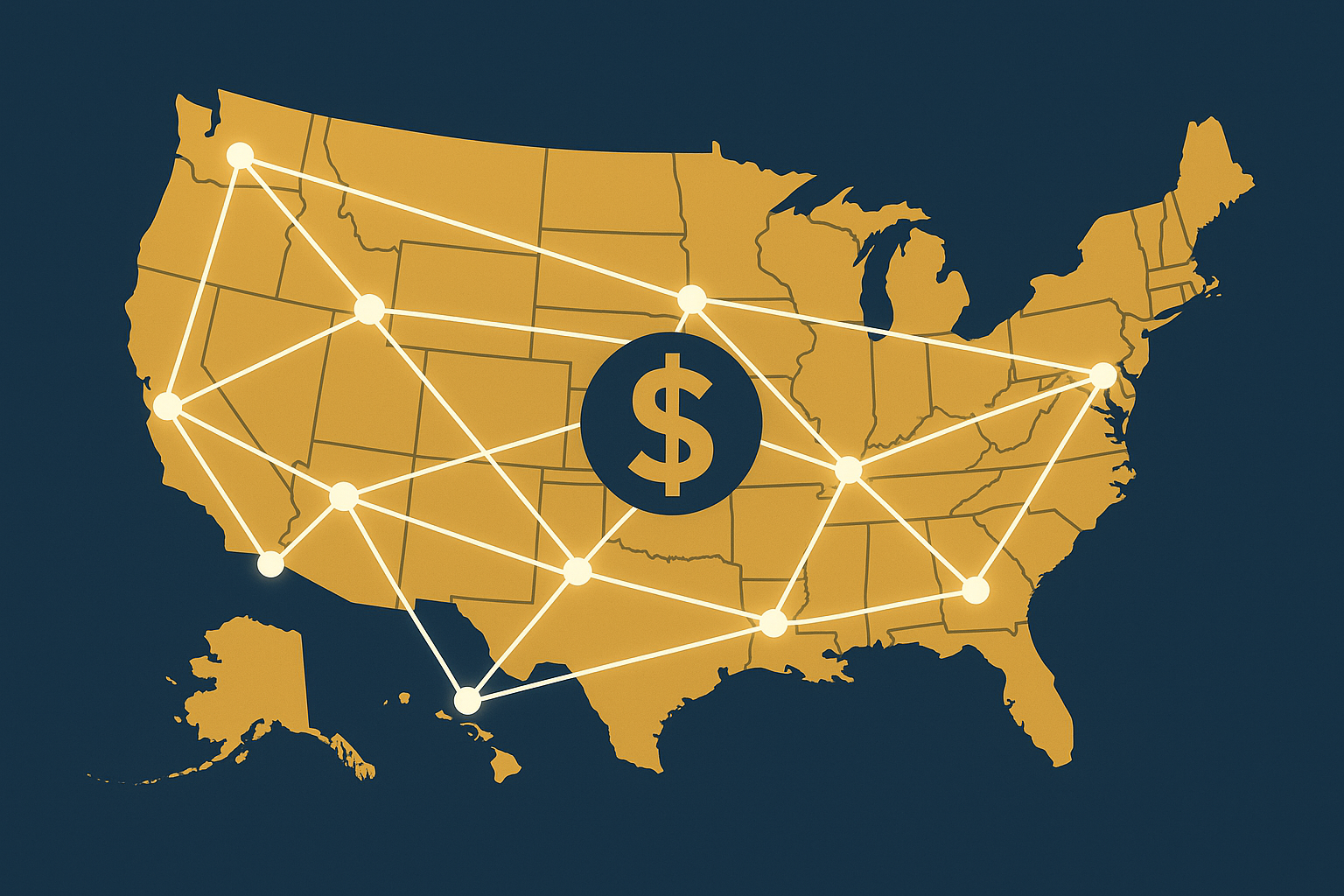 Map illustration showing a nationwide lending network connecting businesses across the United States