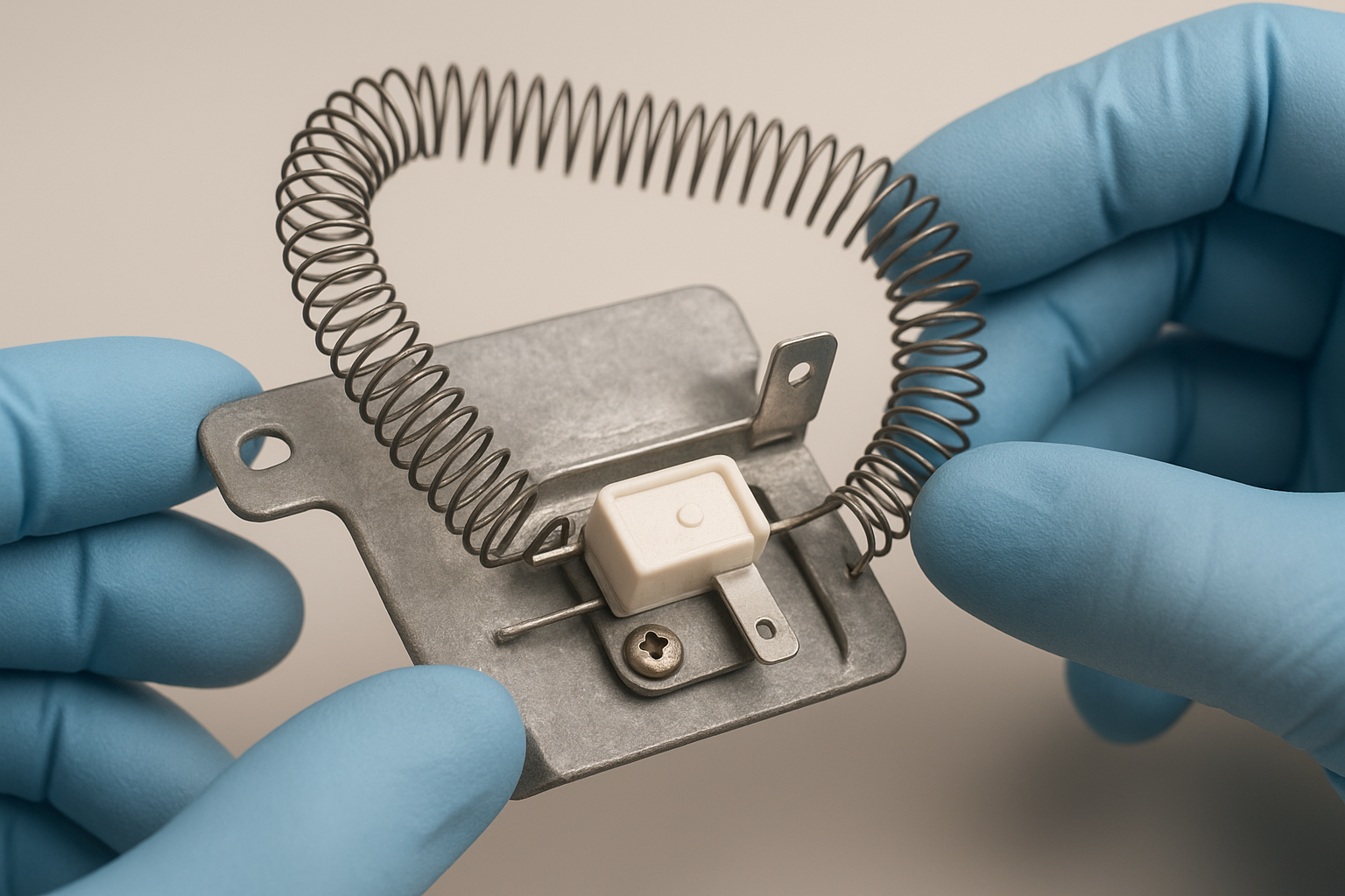 Close-up of a dryer heating element and thermal fuse during a repair inspection