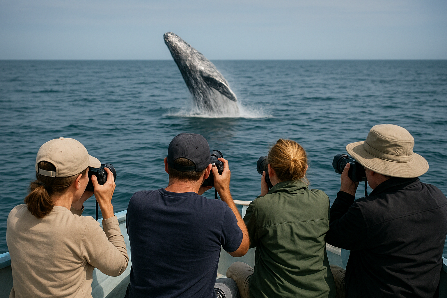 Small group of passengers photographing a breaching whale from a private charter boat