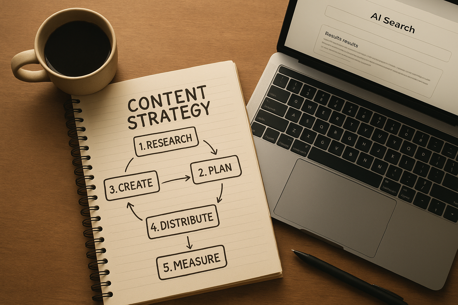 Five-step content strategy notebook for implementing AI search optimization and GEO