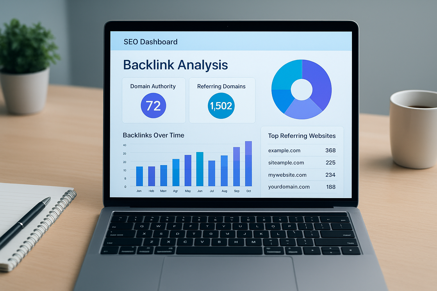 Inbound links checker dashboard displaying backlink analysis with domain authority scores and referring domains