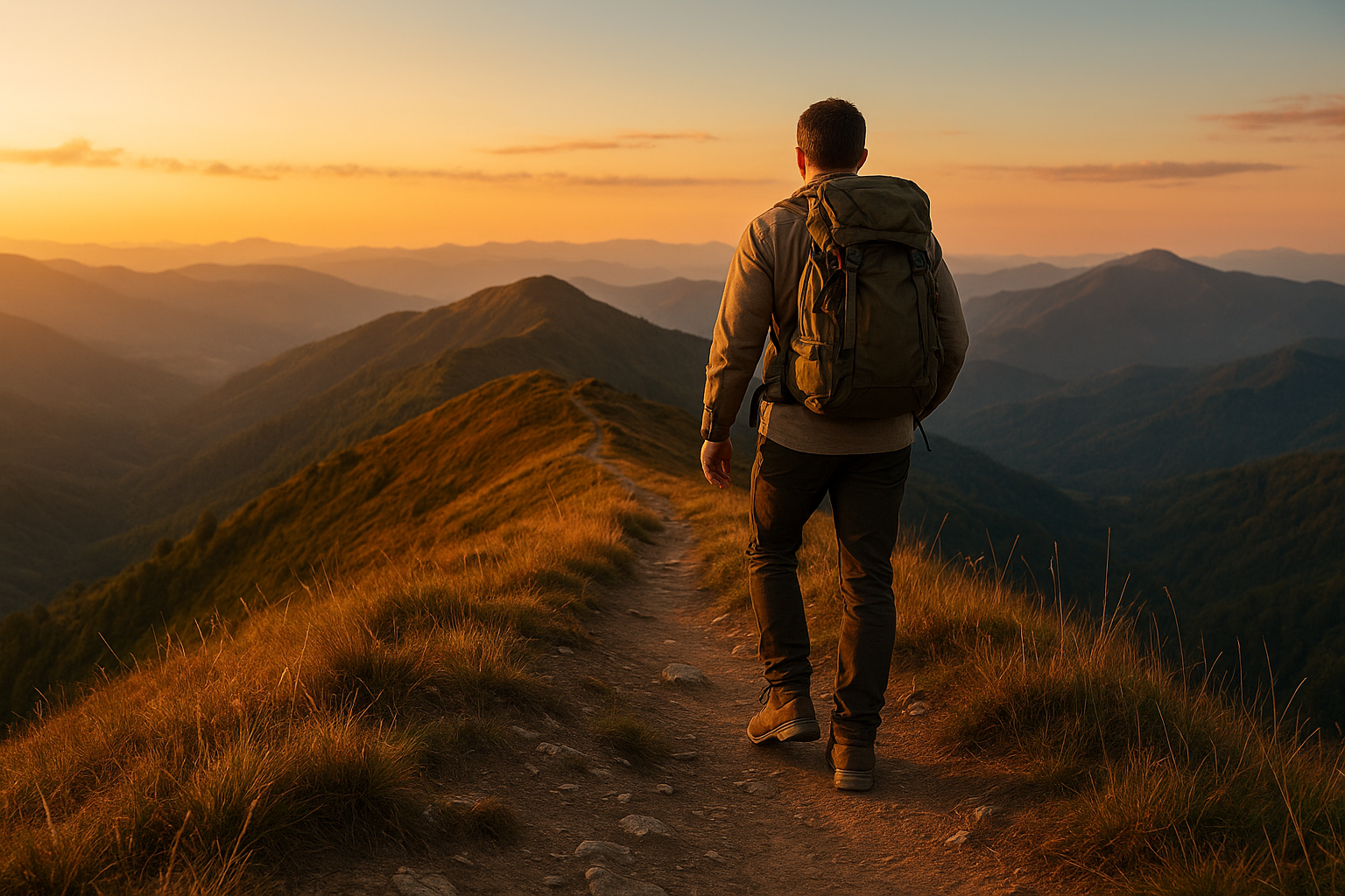 Hiker crossing a mountain ridge trail wearing sturdy hiking boots and a backpack