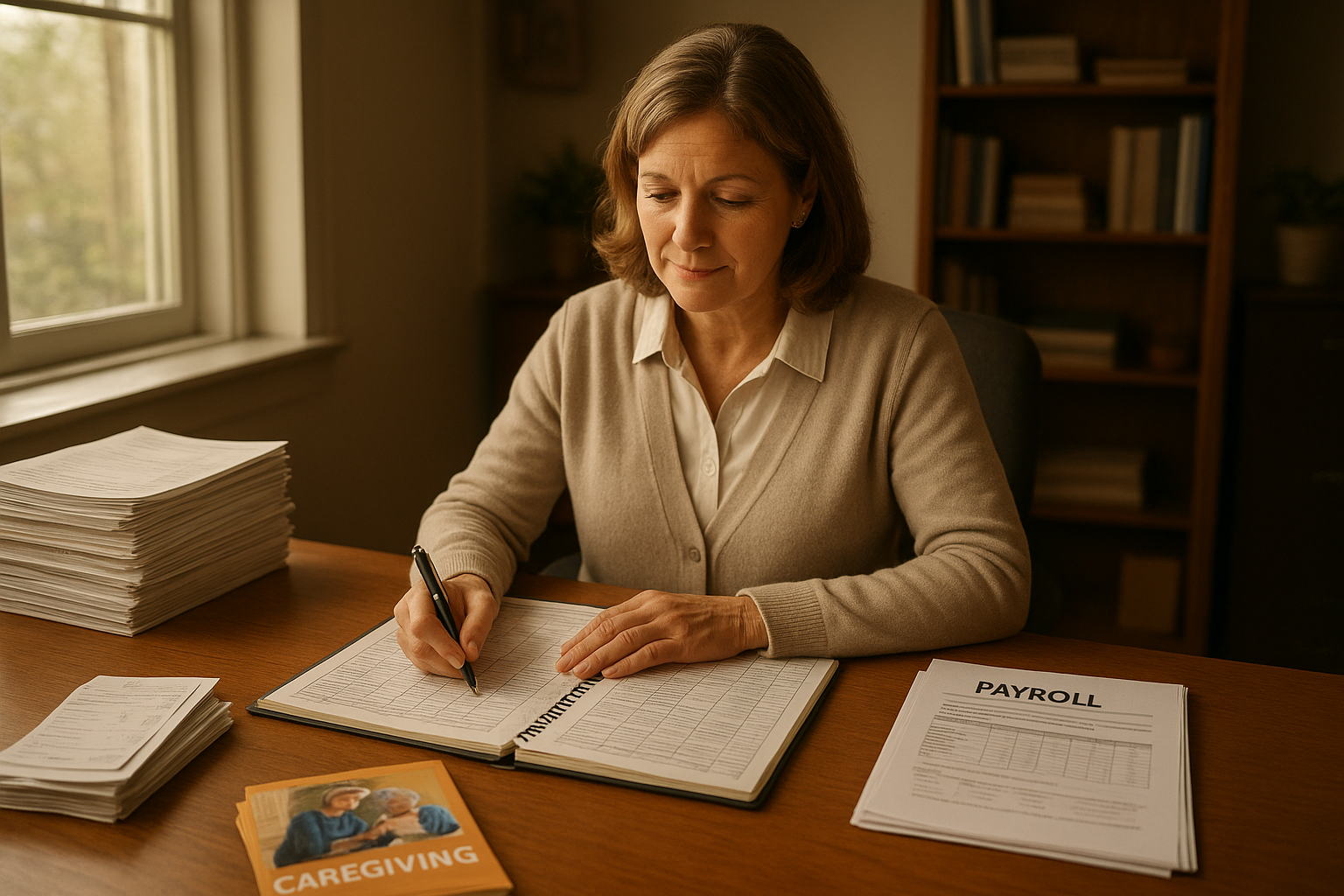 Accountant reviewing home care business accounting services paperwork at a desk