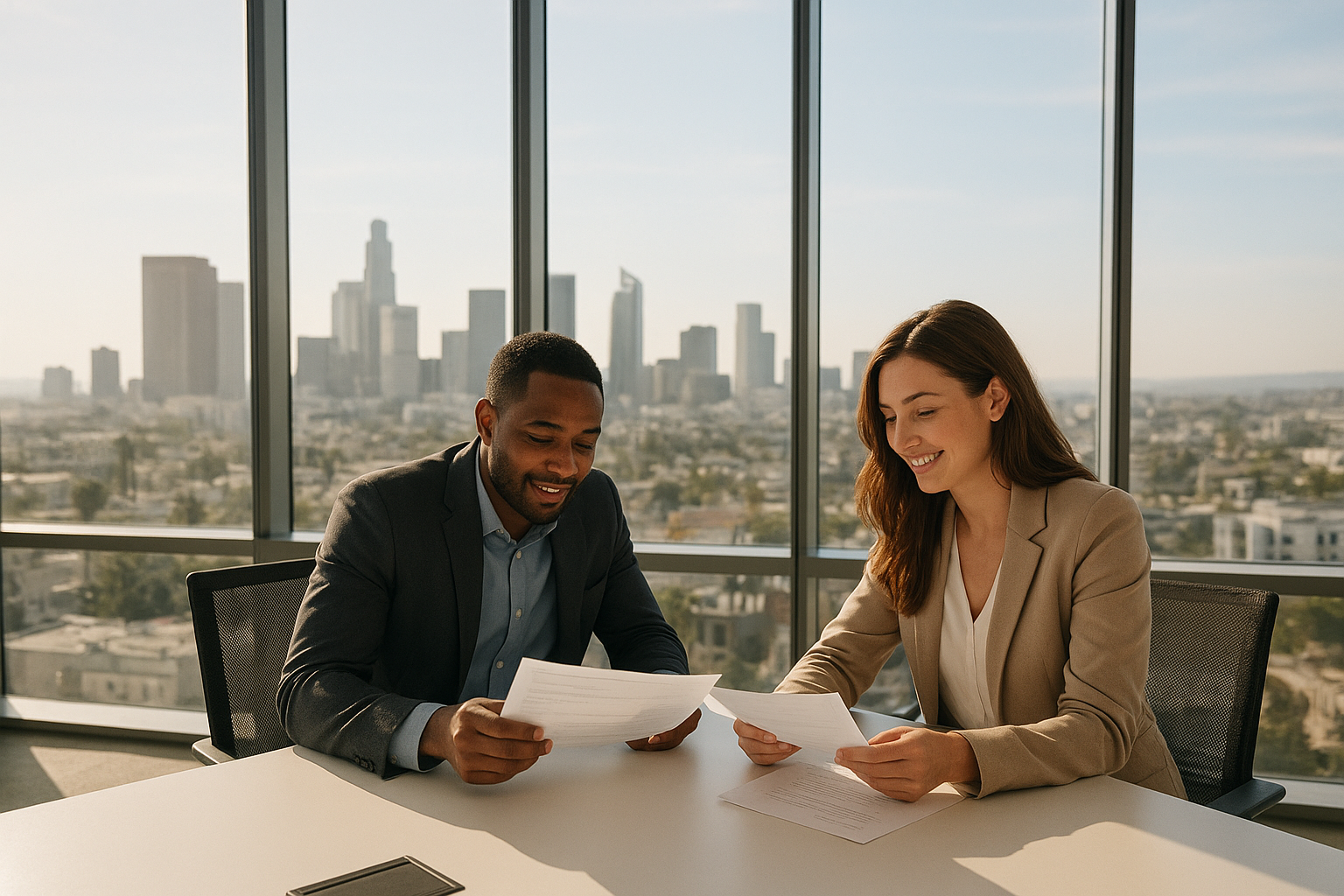 HR consulting professionals reviewing compliance documents in a Los Angeles office