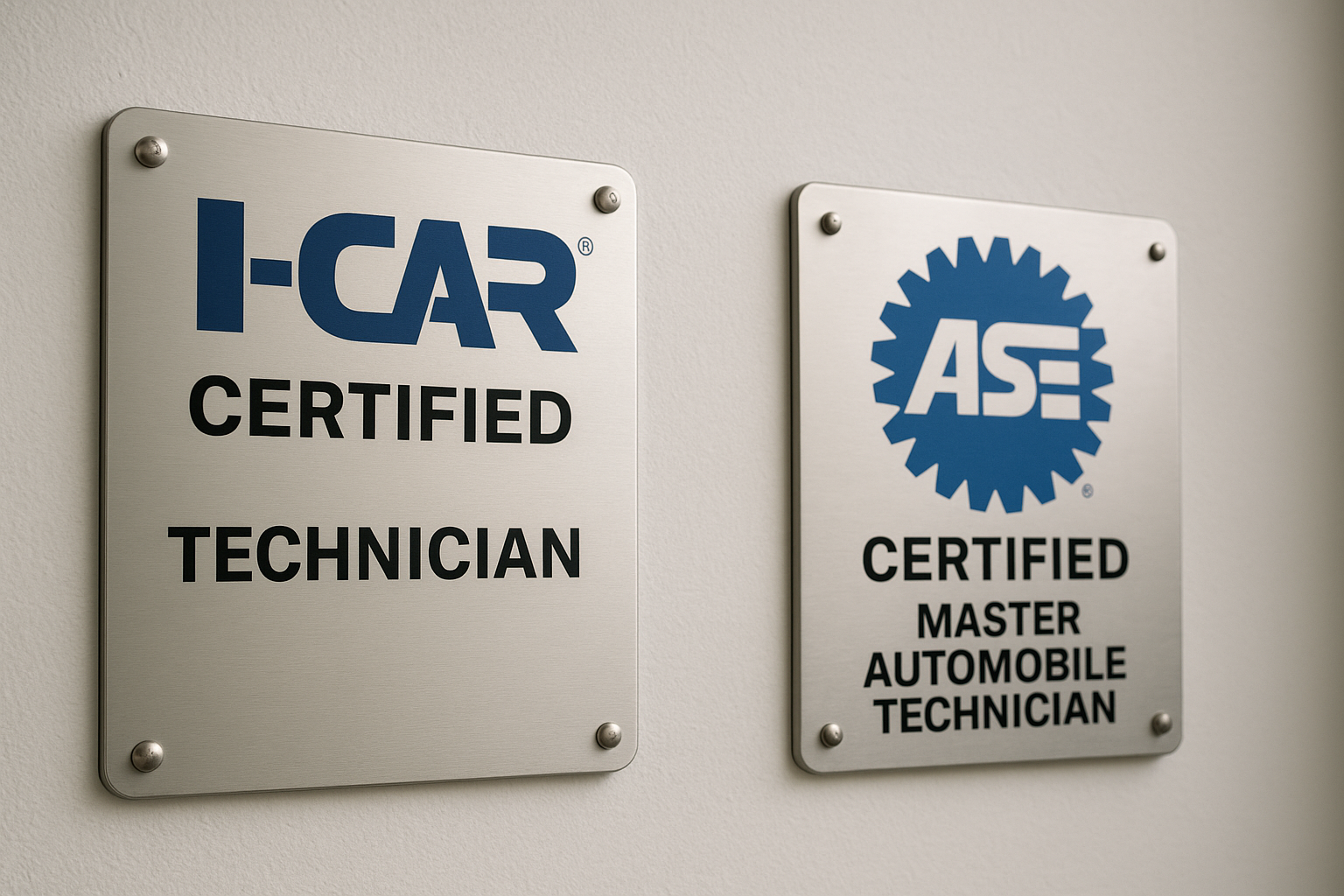 I-CAR and ASE certification plaques displayed at a certified auto body shop
