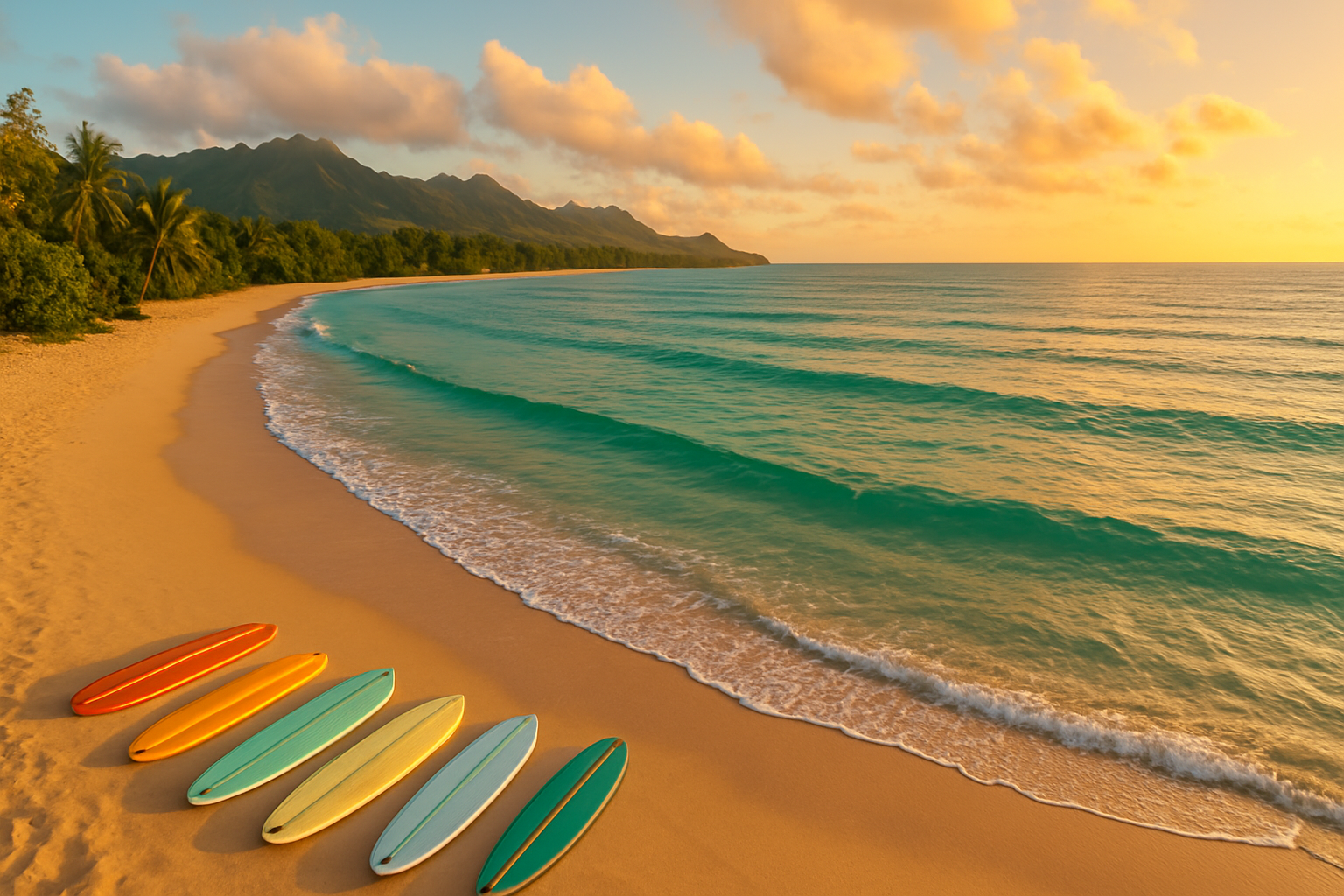 Aerial view of a calm Hawaiian beach with surfboards lined up on the sand, perfect conditions to learn to surf in Oahu