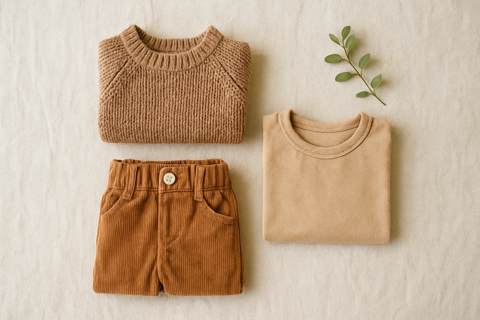 Curated children's clothing items laid out flat showing premium quality fabrics from a kids clothing rental subscription