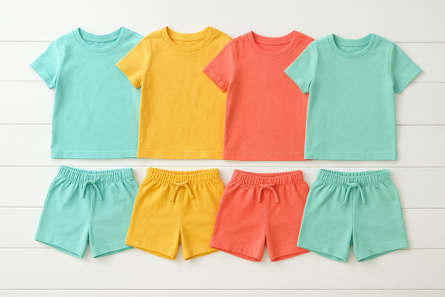 Flat lay of affordable children's clothing including colorful cotton t-shirts and shorts sets for toddlers