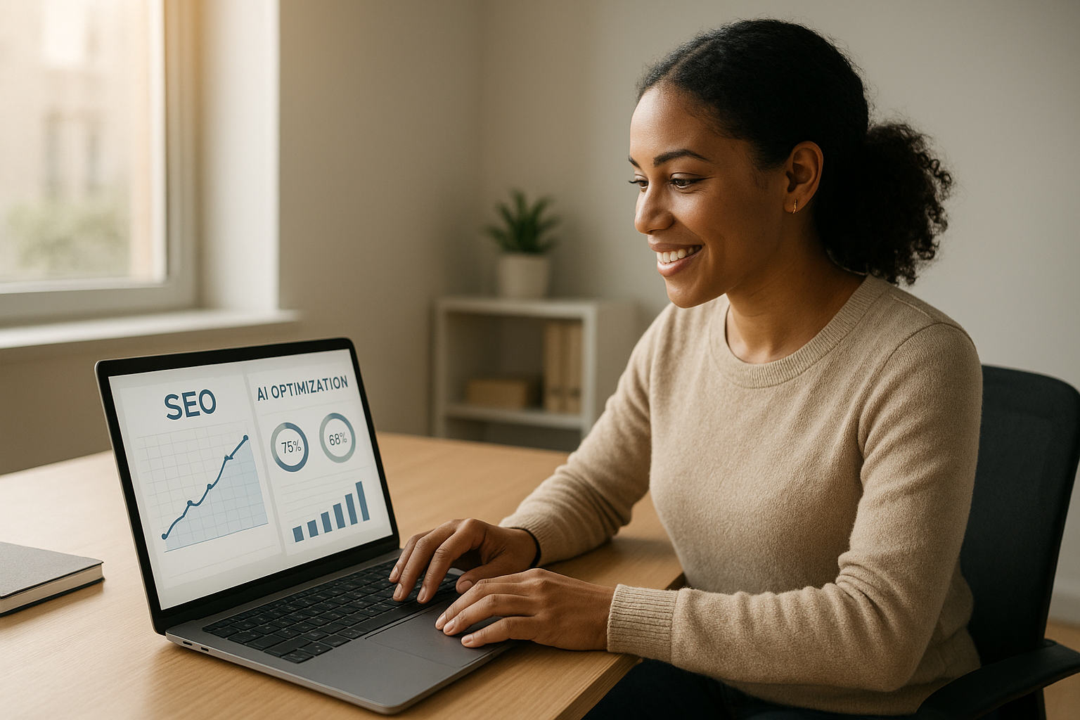 Small business owner reviewing AI-powered machine learning SEO performance reports
