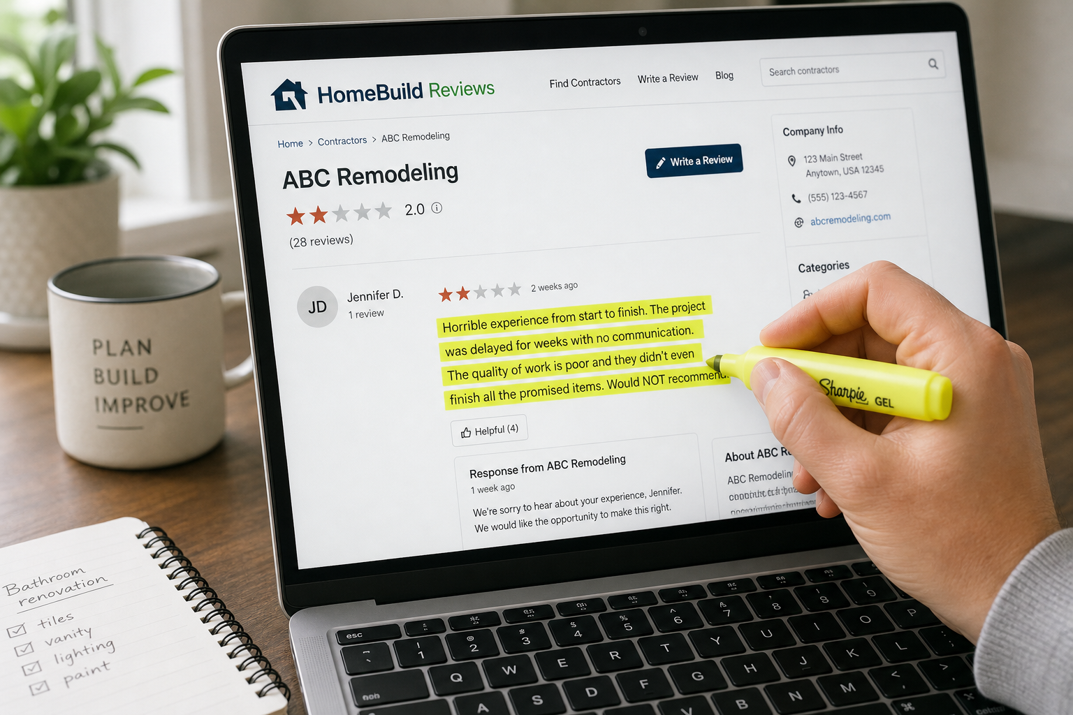 Close up of a hand highlighting a negative customer review used for roofing marketing ideas