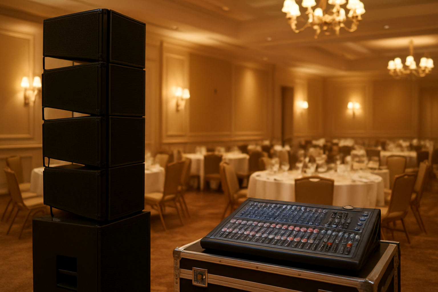 Sound system rental setup with speakers and mixer in an Evansville event venue