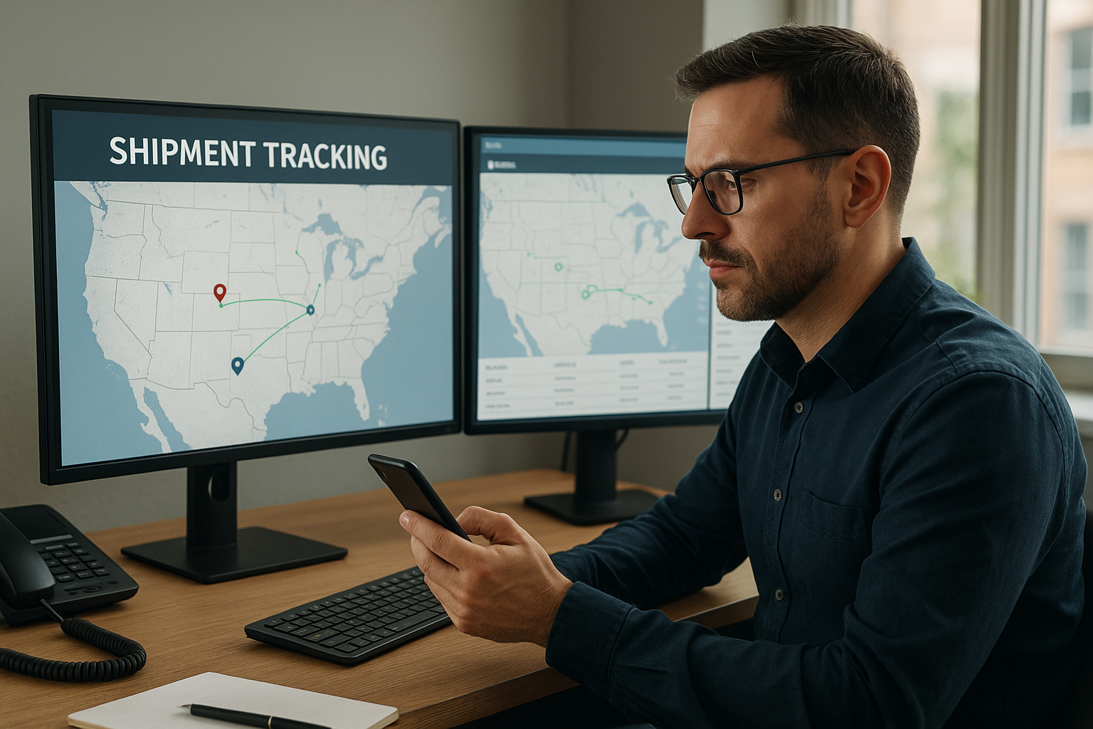 Freight broker tracking a shipment on dual computer monitors in a dispatch office