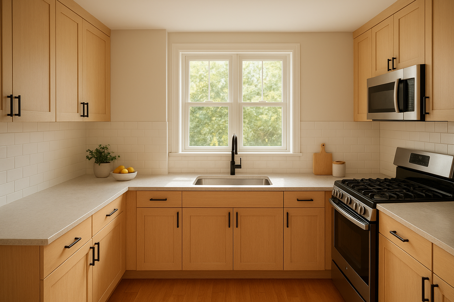 Finished ADU kitchen staged and ready for a final inspection walkthrough