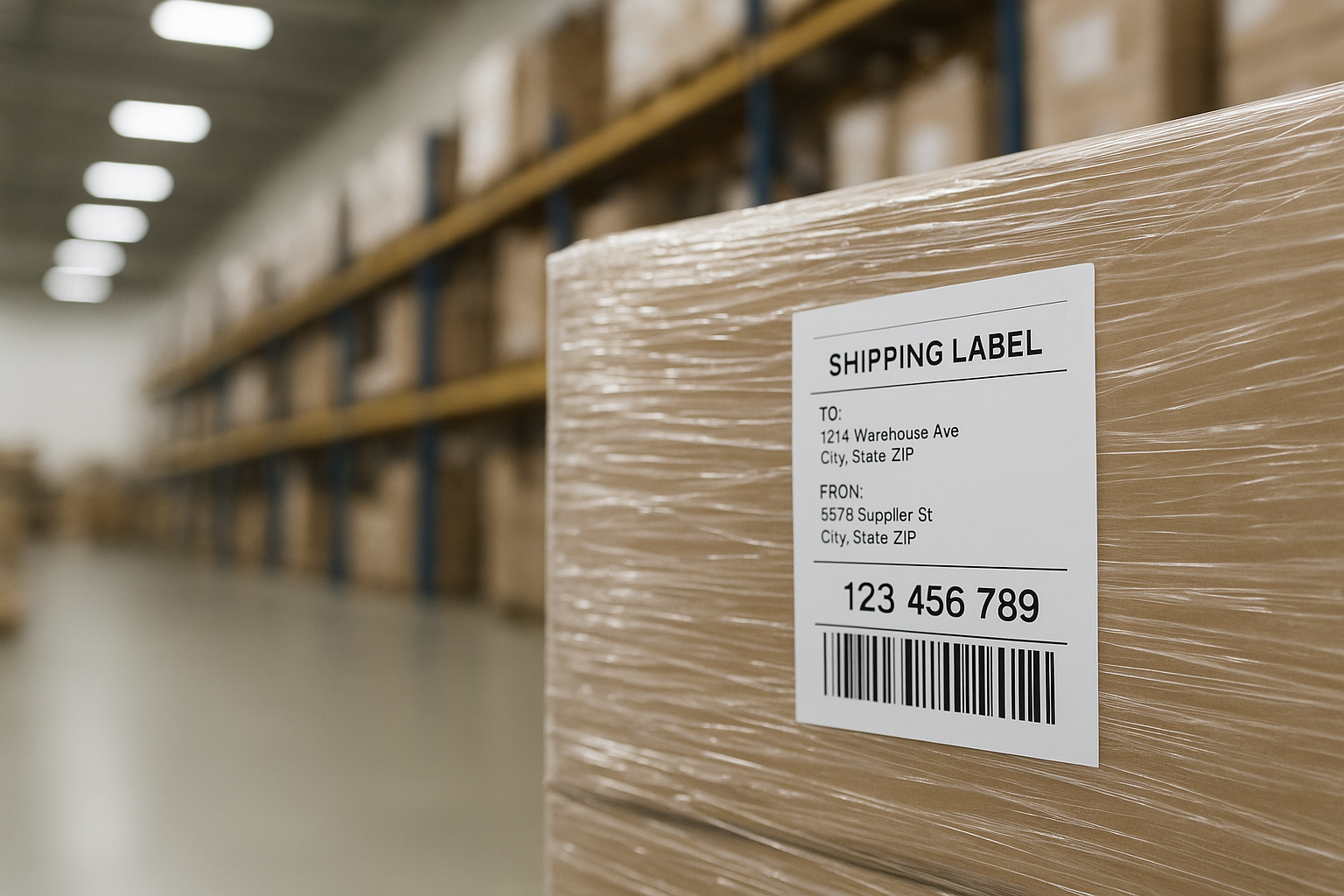 Labeled pallet prepared for shipment to an Amazon fulfillment center