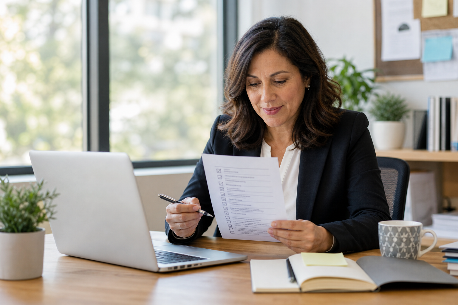 HR manager reviewing an onboarding process optimization checklist at her desk