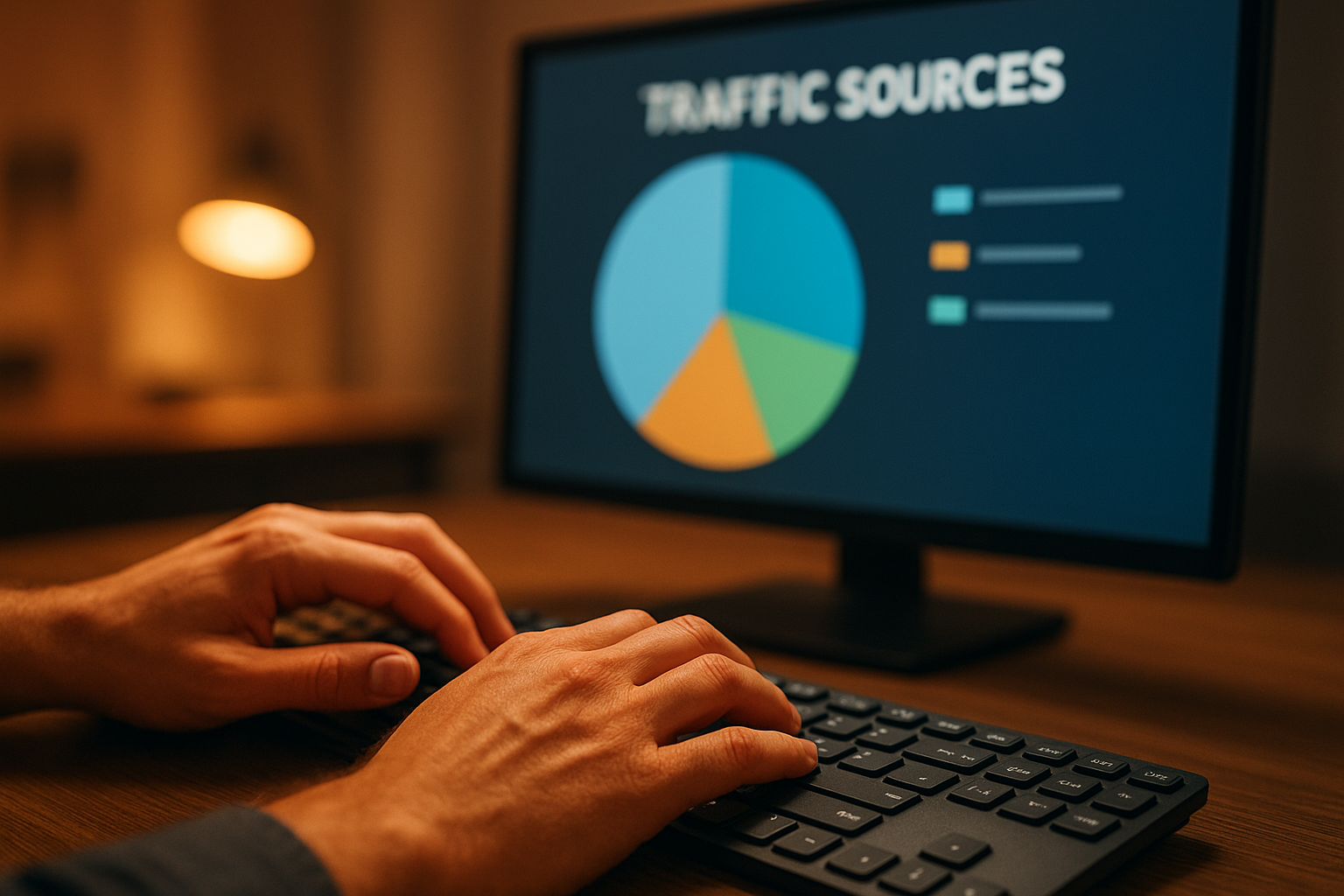 Person analyzing web traffic source breakdown on a computer monitor with colorful pie chart