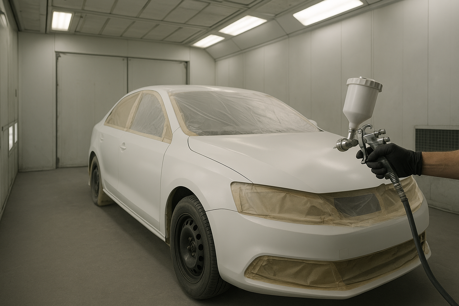Paint booth showing precision paint matching during collision repair