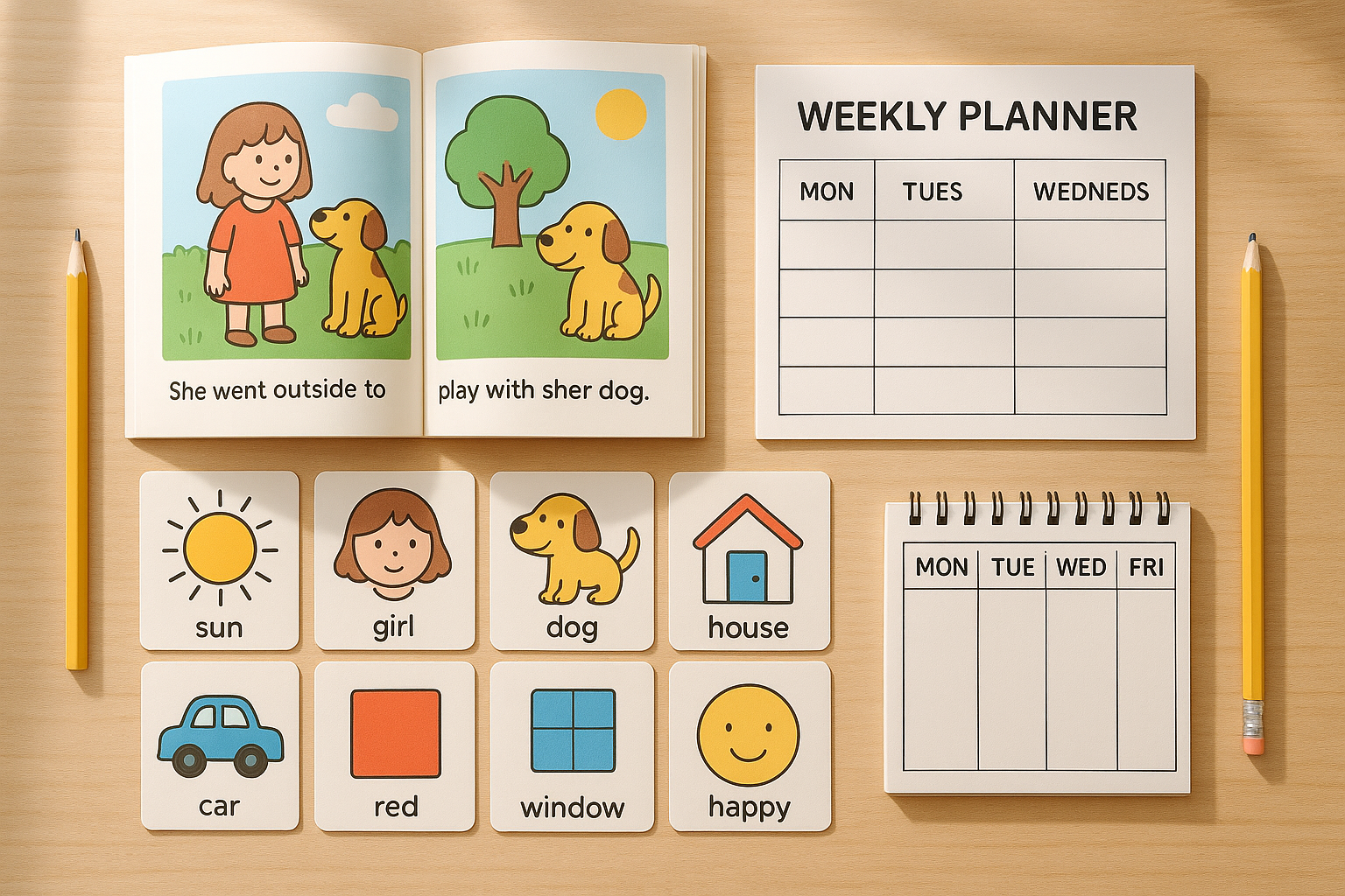 Storybook pages and a weekly planning calendar used for AAC core vocabulary activities