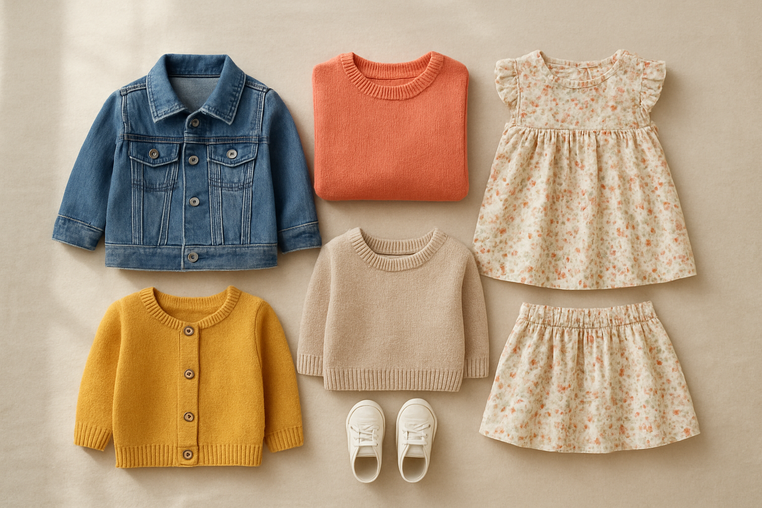 Curated stylish children's clothing subscription bundle laid out on a cream linen surface