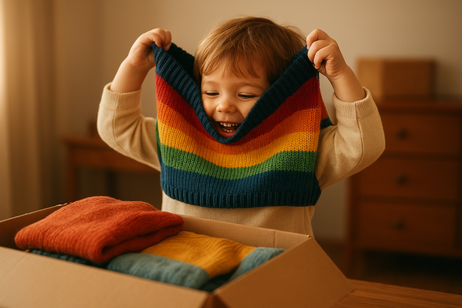 Young child happily trying on clothing from a children's clothing rental subscription bundle