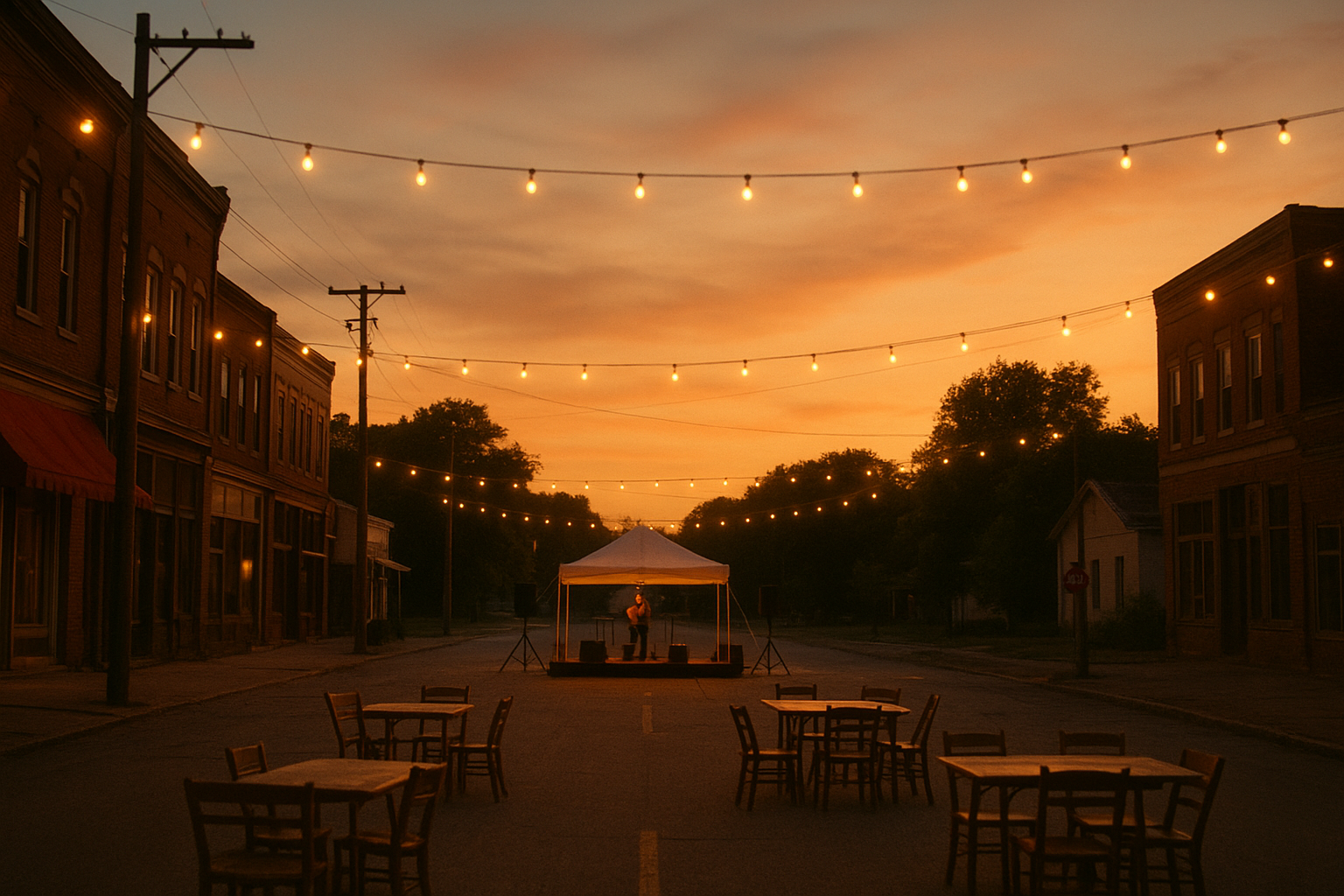 Southern Illinois town hosting a community event with outdoor lighting and gathering space