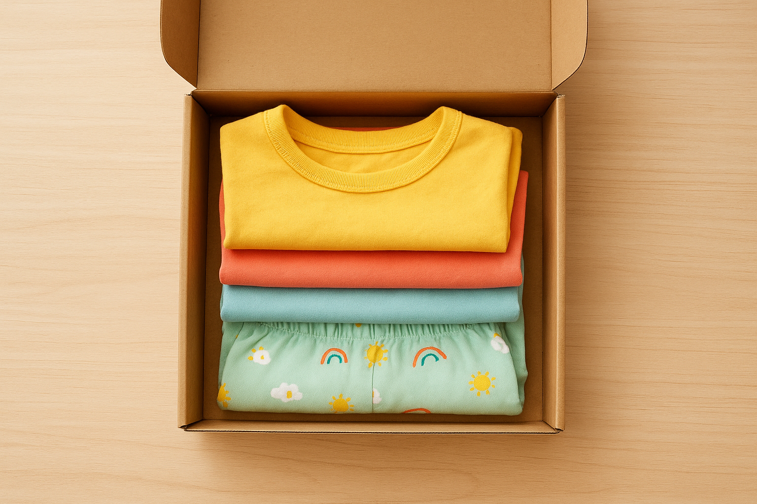 curated rental service for toddler clothes subscription box on wooden table