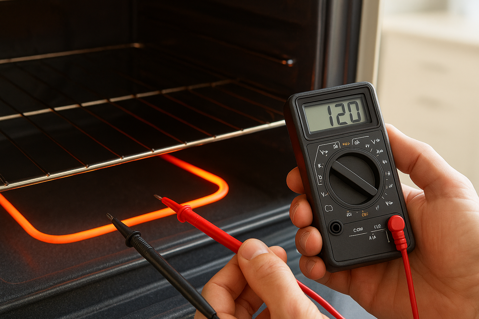 Close-up of an oven heating element being diagnosed during a repair visit