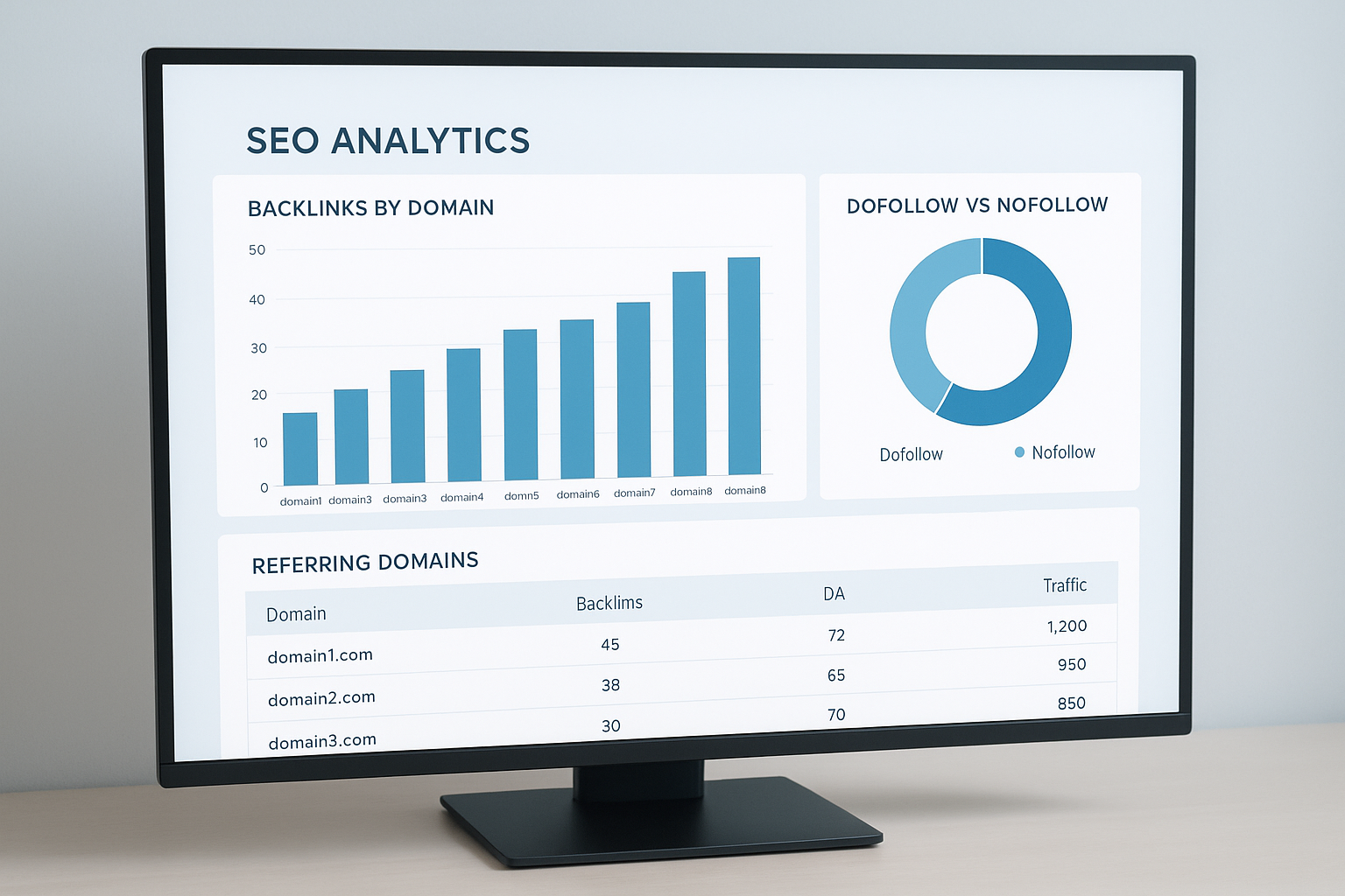 Total backlink checker dashboard displaying referring domains, link types, and domain authority metrics