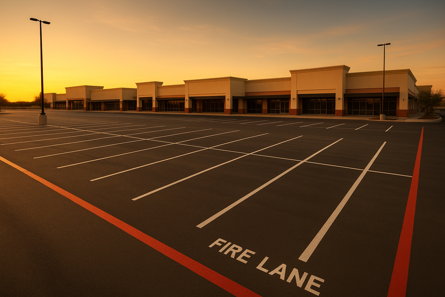 Retail center parking lot with clean fire lane and stall markings at golden hour
