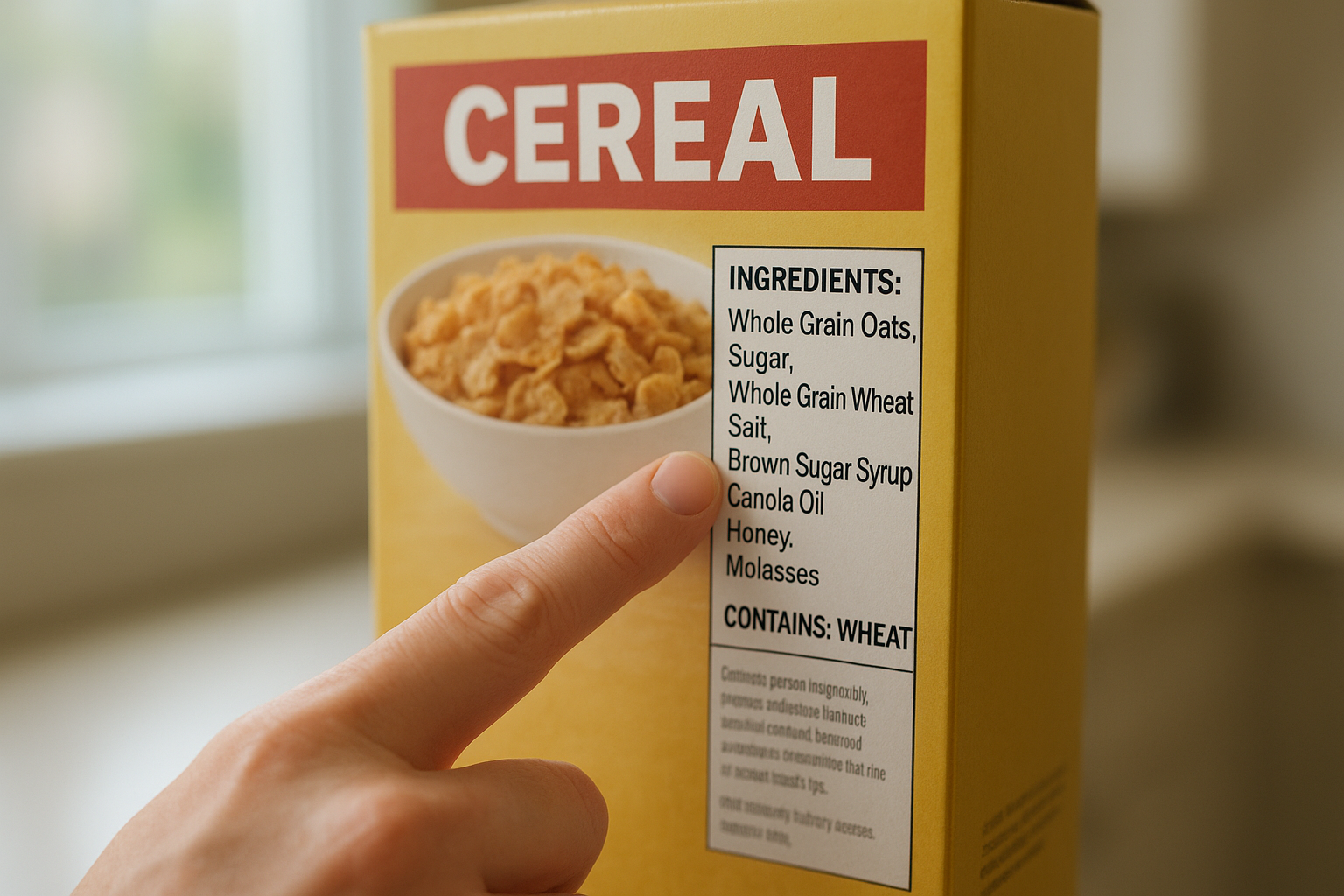 Person reading a cereal ingredient label to check for seed oils
