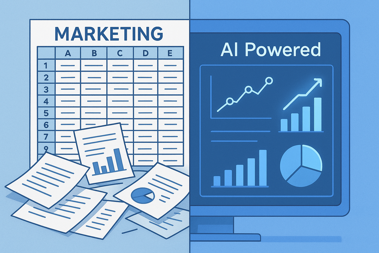 Comparison between traditional manual marketing processes and modern AI marketing solutions
