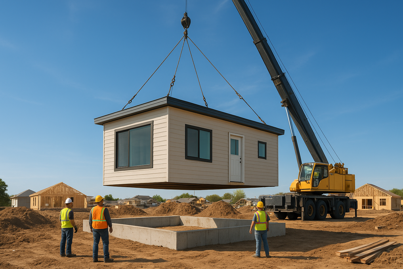 Crane installing a modular prefab accessory dwelling unit onto a residential foundation