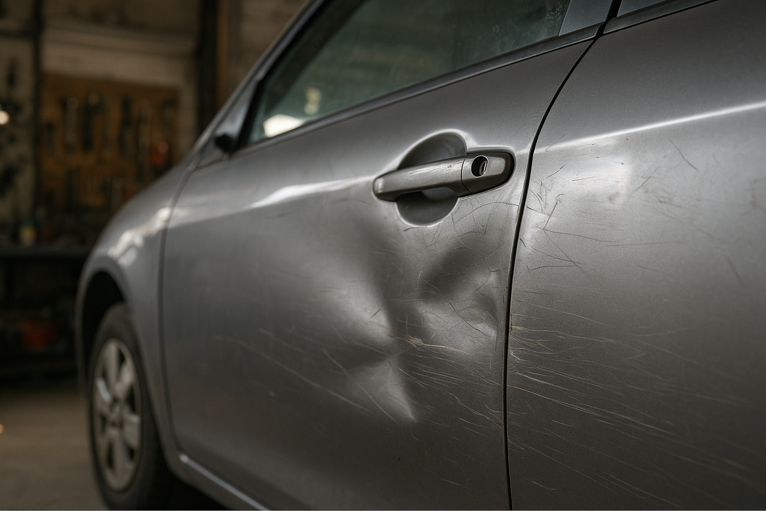 Close-up of a dented car door panel before paint matching repair in an Orange County auto body shop