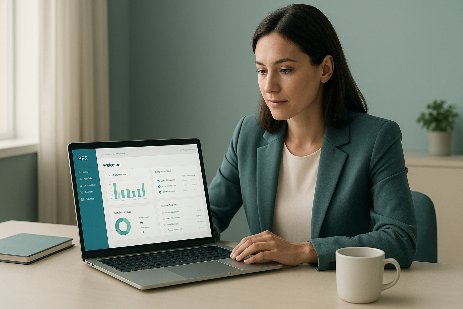 Small business manager reviewing automated HR solutions for SMBs on a laptop dashboard