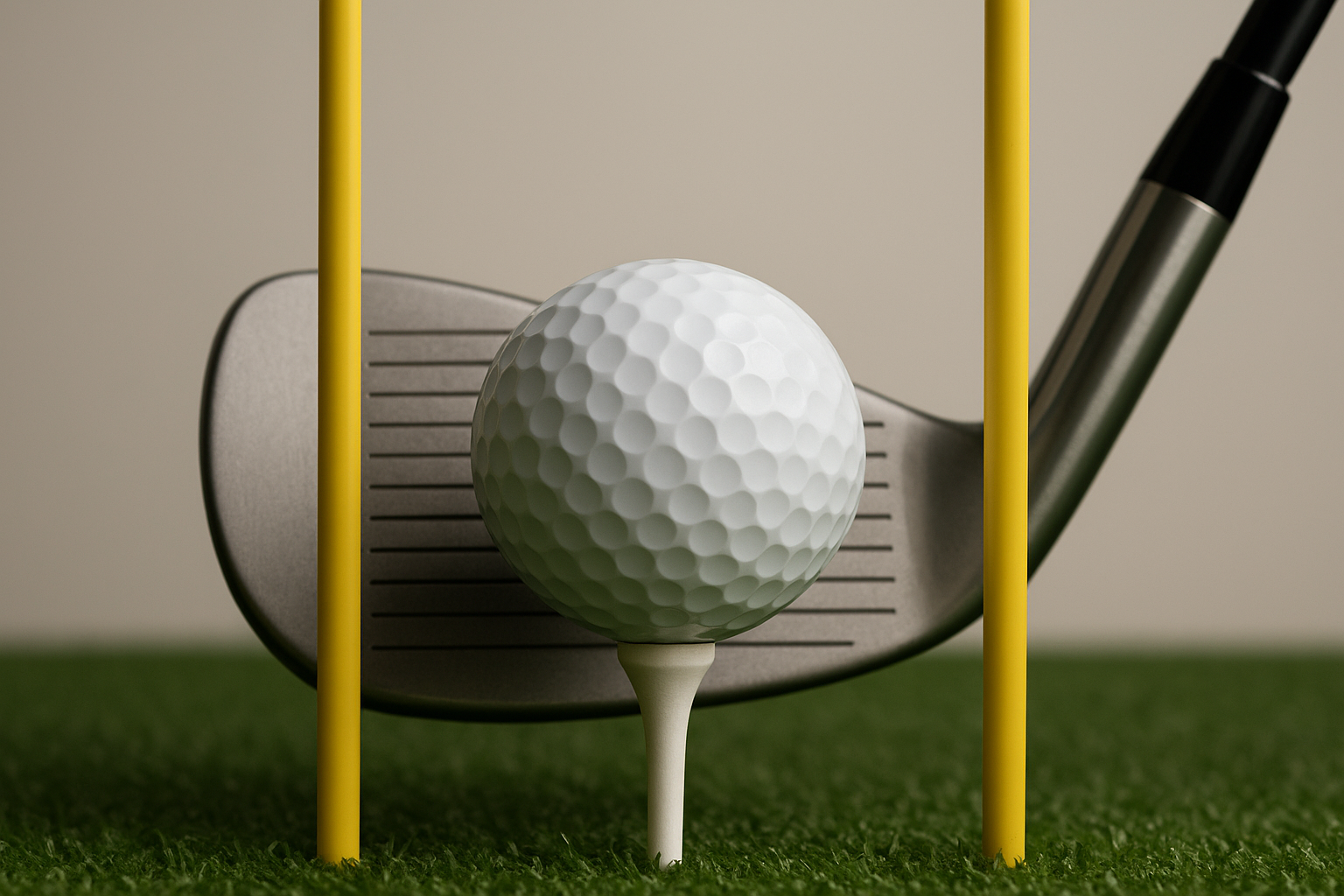 Close-up of golf club face aligned inside a gate drill for improving swing accuracy