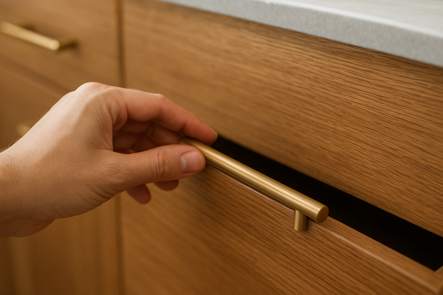Close-up of new cabinet hardware installed during a kitchen upgrade project
