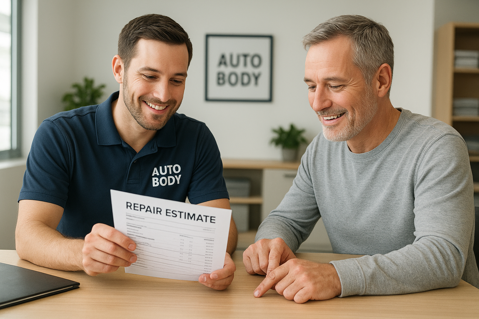 Customer reviewing written repair estimate at a local auto body shop near me