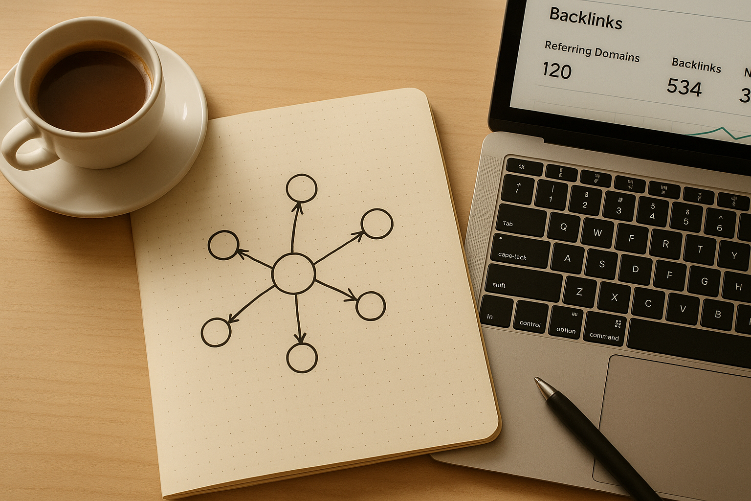 Backlink strategy planning notebook alongside a laptop showing link data for an SEO campaign