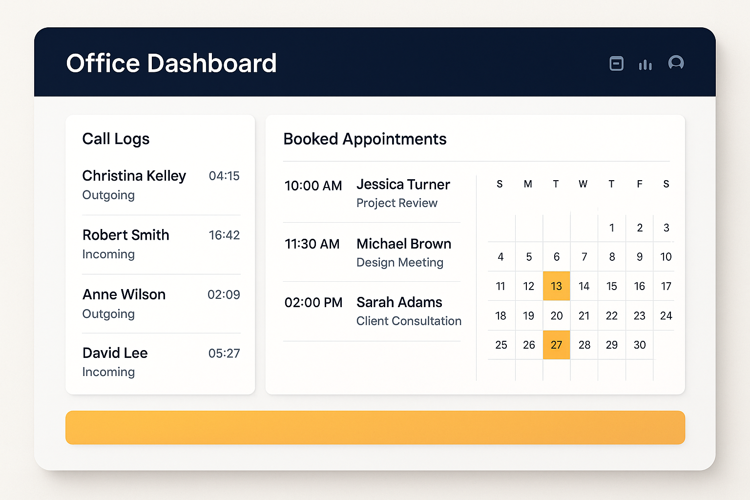 Dashboard screen showing booked appointments and call logs for a home service business