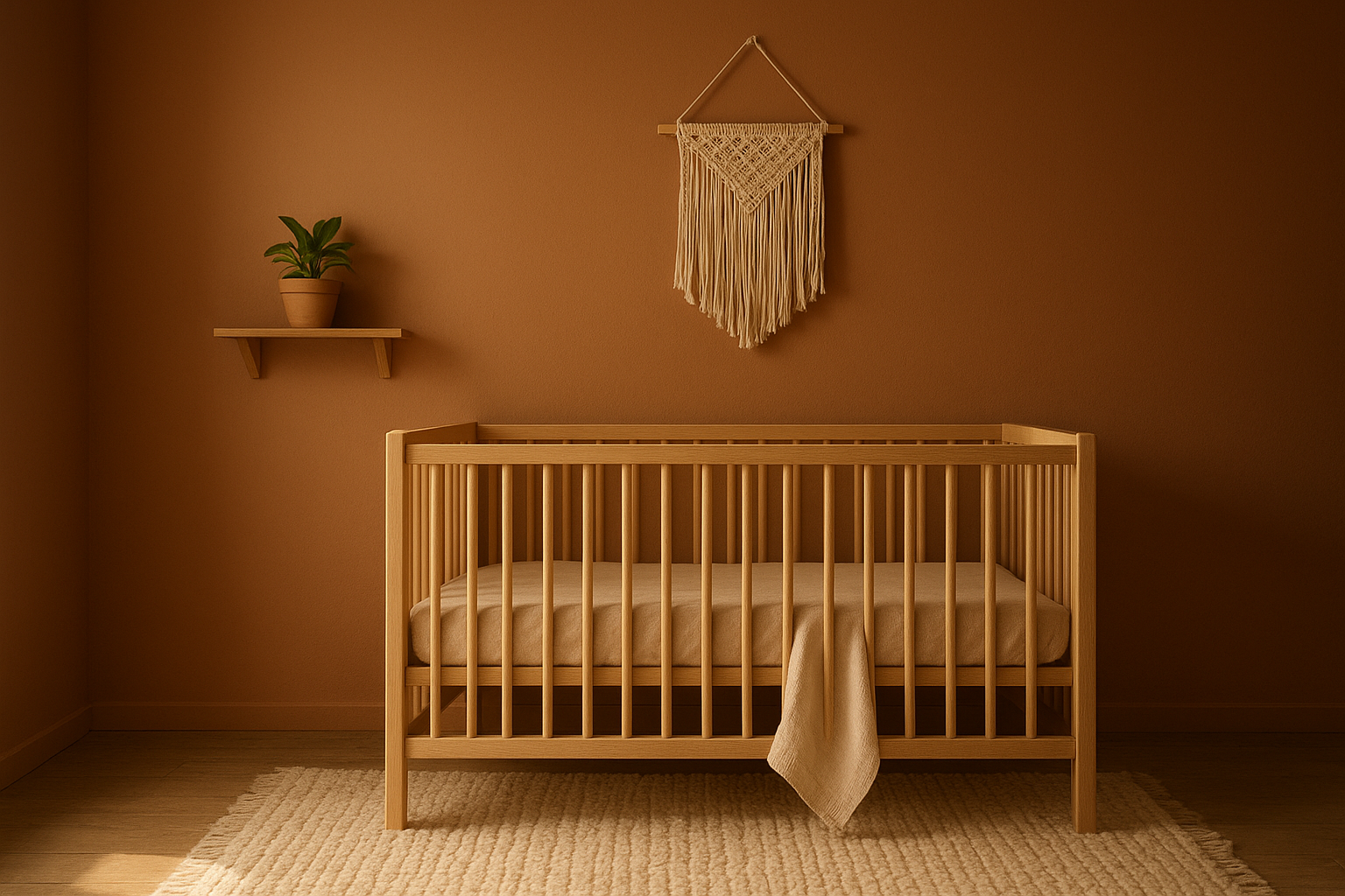 gender-neutral nursery decor ideas with terracotta walls, natural wood crib, and macramé wall hanging