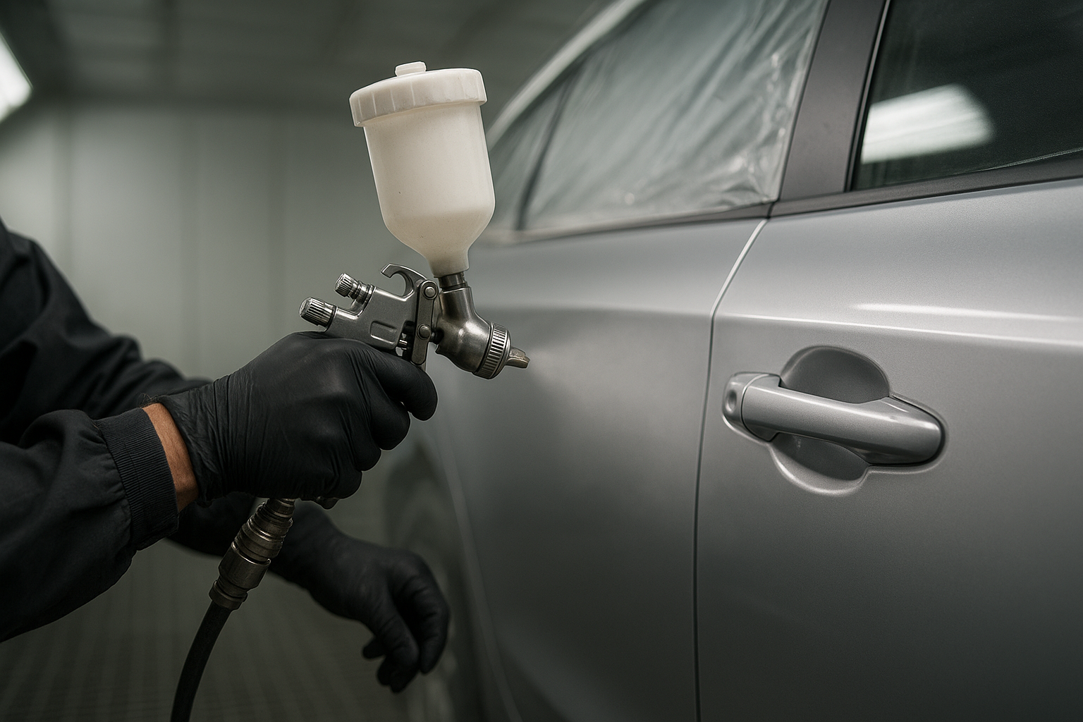 Technician applying color-matched paint during collision repair at a local auto body shop
