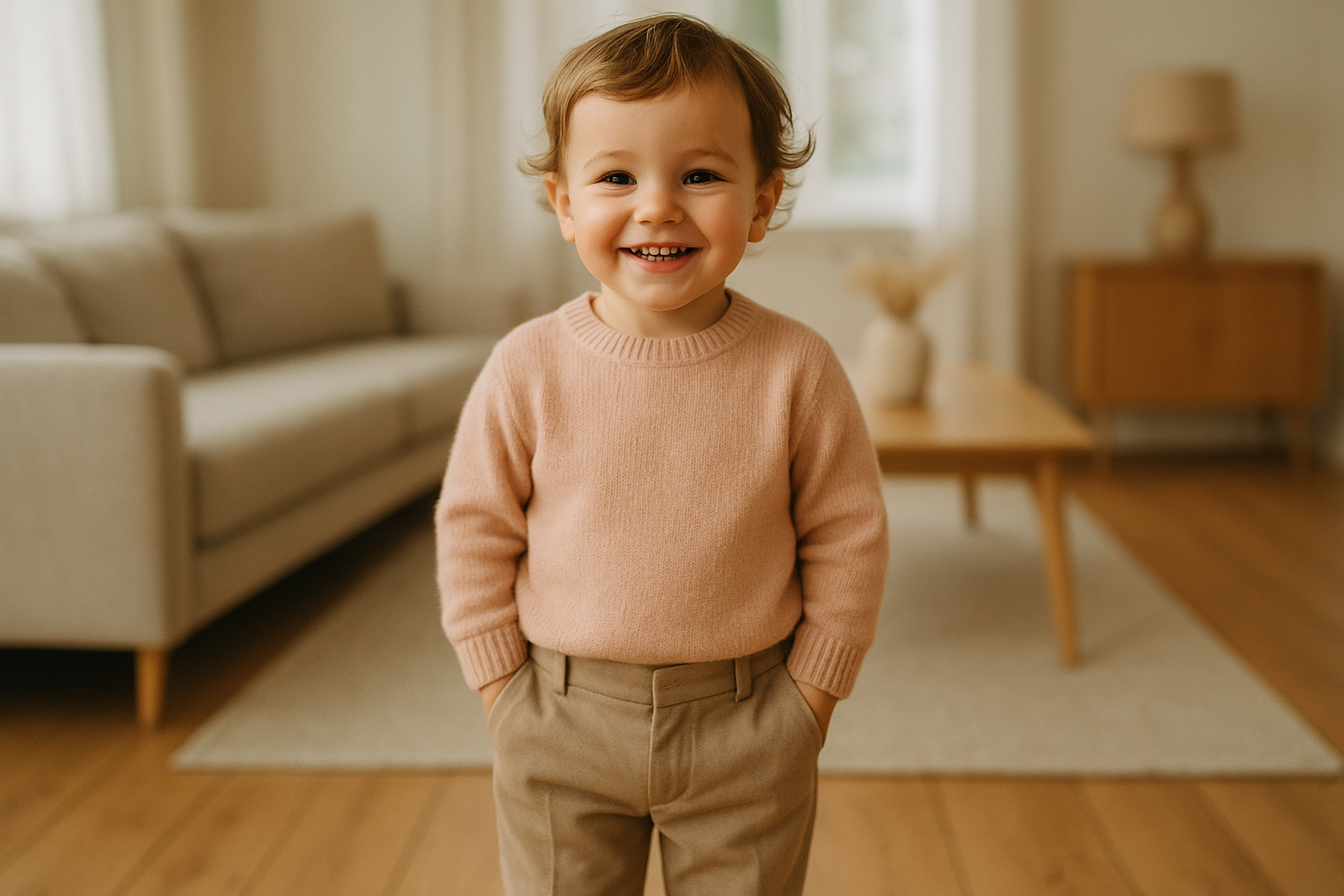 Happy toddler wearing premium stylish kids clothes from a rental subscription service in a bright home