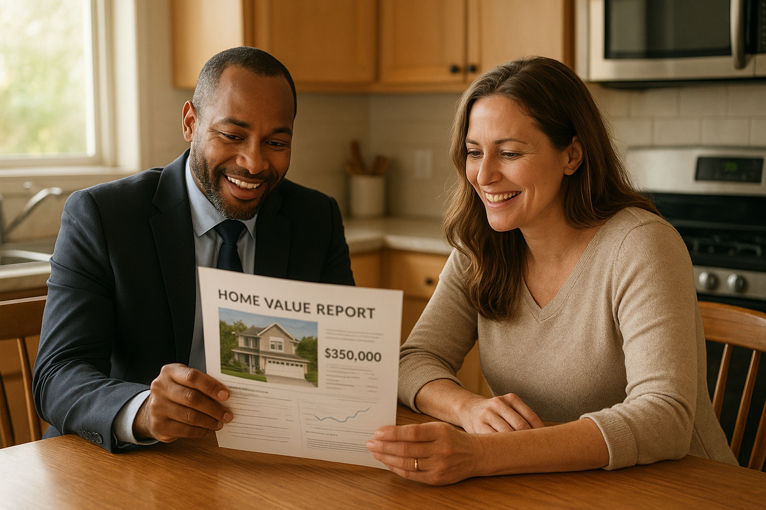 Listing agent reviewing a seller Wealth Report with a homeowner at the kitchen table