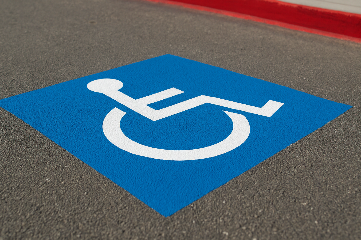 ADA compliant handicap parking symbol and fire lane curb marking on asphalt