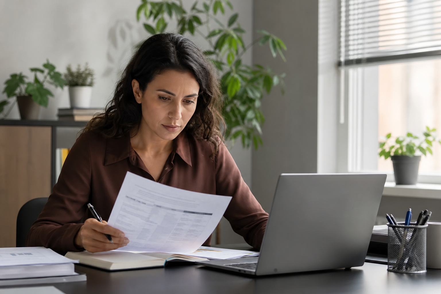 HR professional reviewing employee engagement notes in a bright office