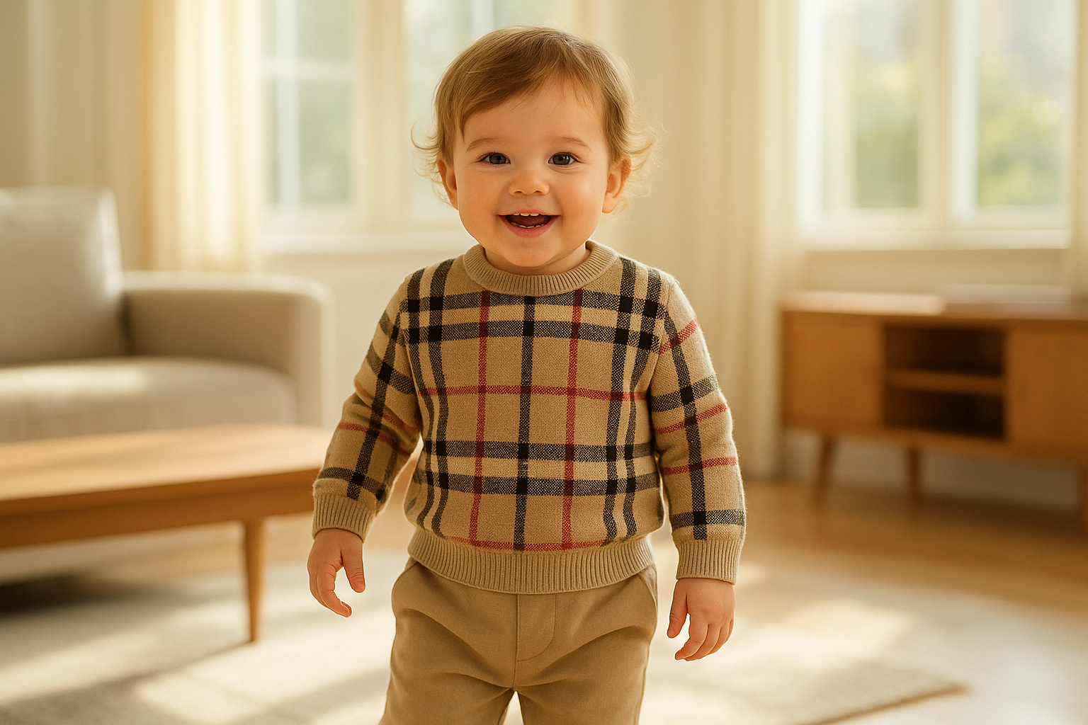 Happy toddler wearing a premium designer children's clothing rental outfit in a bright home setting
