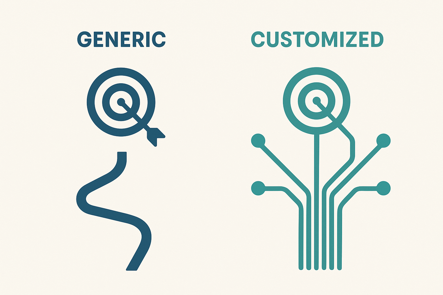 Illustration comparing generic SEO strategies to personalized SEO tools branching toward targeted results