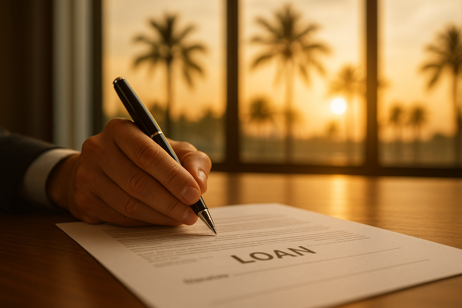 Business owner signing paperwork for hard money lending in Florida with a palm tree skyline in the background