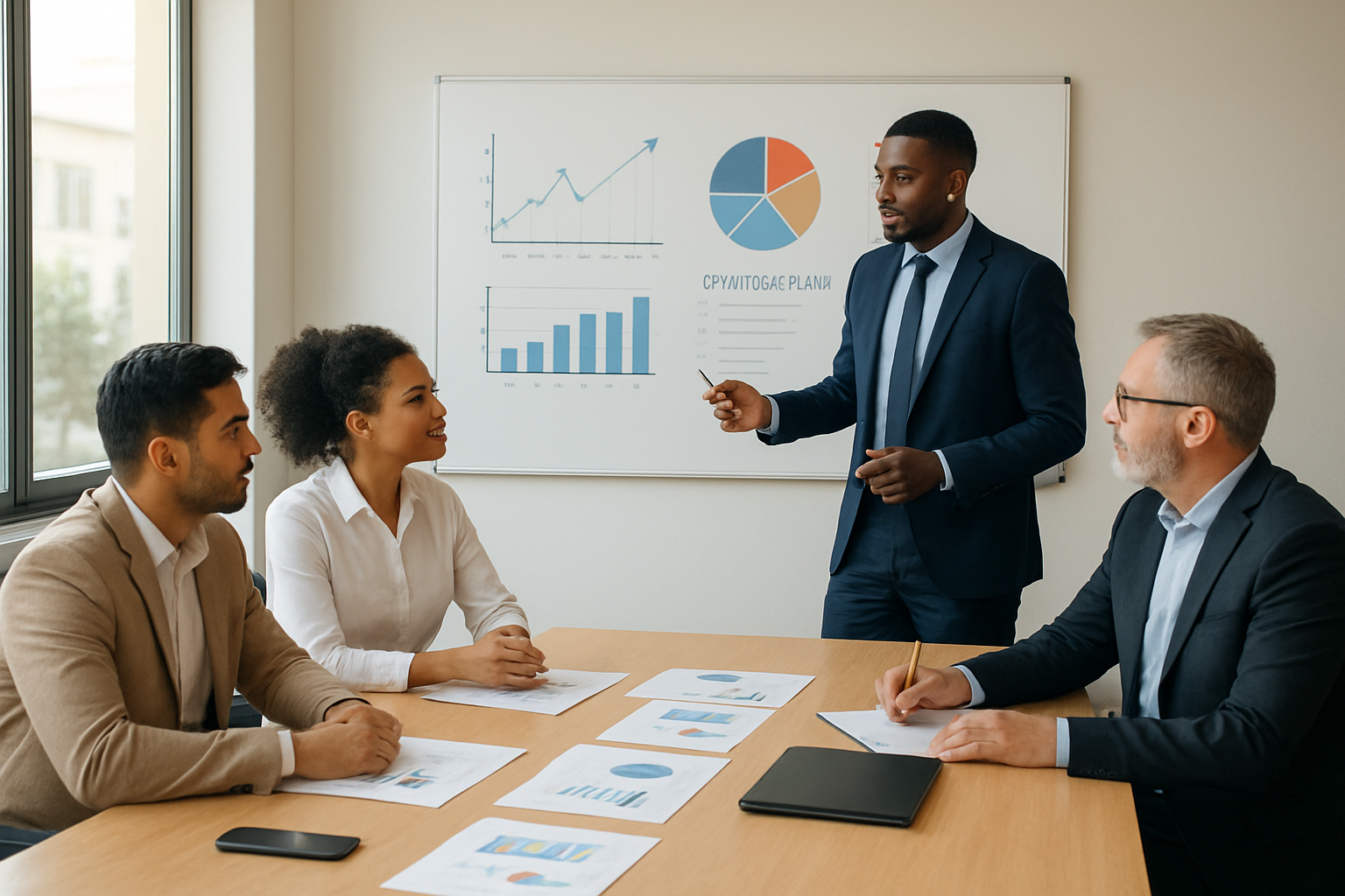 Business team reviewing an organizational development strategy on a whiteboard in a modern office