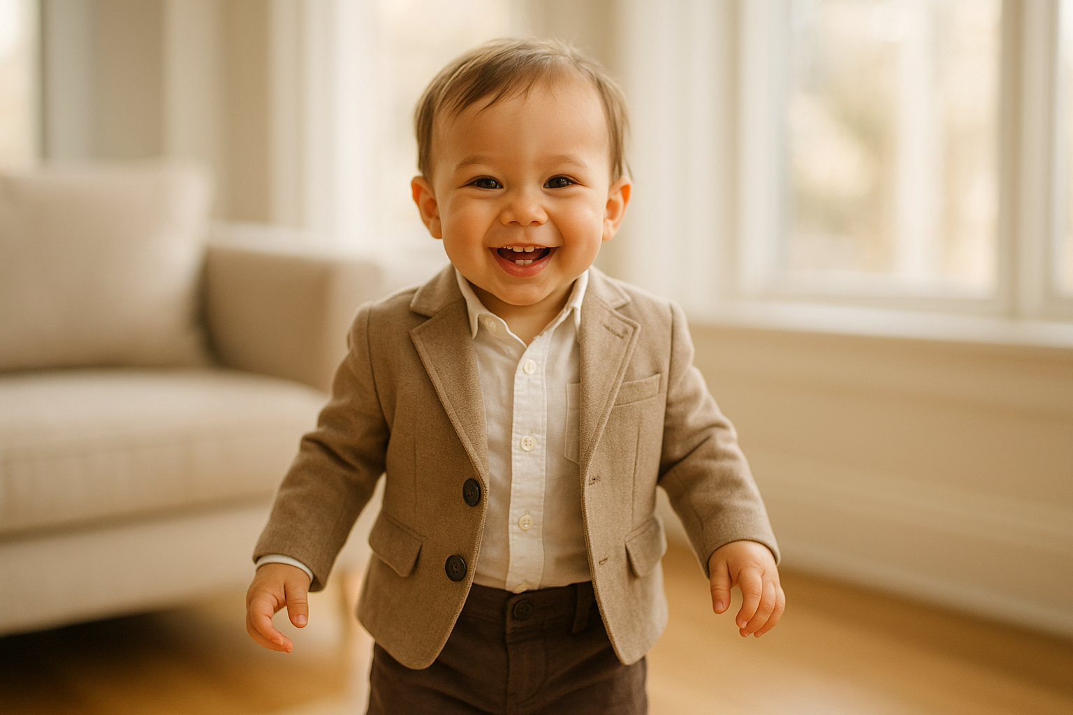 Happy toddler wearing premium children's clothing from a kids' fashion rental subscription service